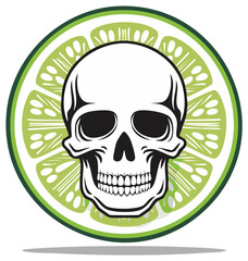 Fototapeta premium Skull icon over sliced lime shape. Vector illustration of death, toxicity and danger in a minimalist style. Symbol of poison and dangerous ingredients.