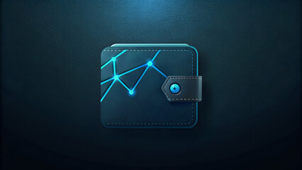 Dark digital wallet icon illustration showing secure cryptocurrency storage and blockchain network connection