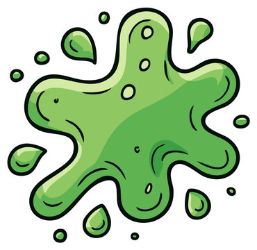 Cartoon green slime splash and drops, blob, stain, artistic illustration.