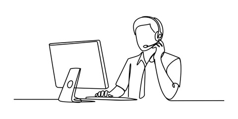 A minimalist continuous line drawing depicting a customer support agent working at a computer Vector, illustration