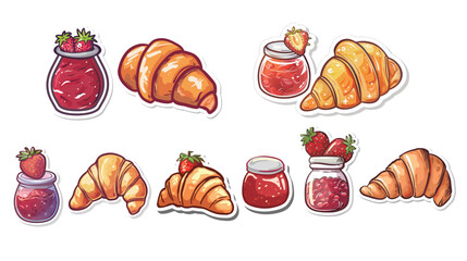 Cartoon vector sticker of a golden flaky croissant paired with coffee isolated on white background