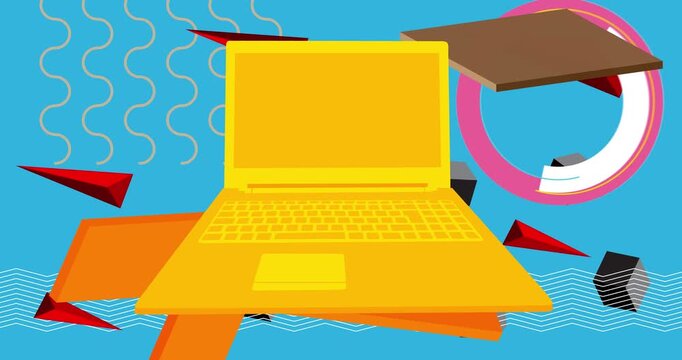 Notebook, laptop geometrical graphic retro theme background. Minimal geometric elements. Vintage abstract shapes vector illustration.