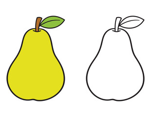 Pear Fruit Coloring Page for Kids. Vector illustration of a pear fruit. Black and white line art with a colored version for children's learning and coloring activity. Fun and easy worksheet.