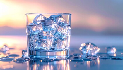 Ultra-detailed photorealistic close-up of ice cubes in crystal glass - Concept of All the Feels closeup