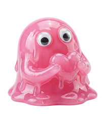 Pink slime monster character holding pink heart. Cute goo mascot.