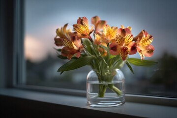 Fototapeta premium Alstroemeria Flowers in a Glass Vase on a Window Sill for Home Decor Branding and Interior Mockup, Beautiful Spring Floral Bouquet in a Domestic Lifestyle Setting