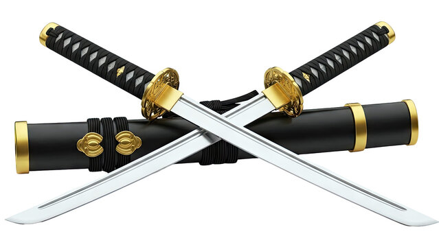 Two Crossed Katana Swords with Black and Gold Accents
