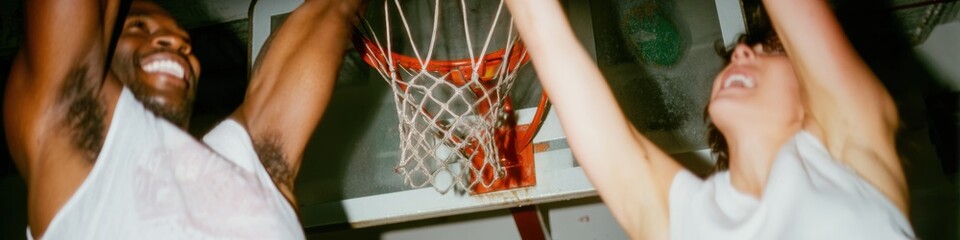 Basketball players jumping for ball near hoop in an indoor stadium setting during a competitive sports match, captures physical movement for commercial editorial use