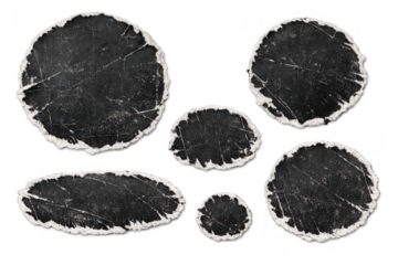 Torn black paper grungy shapes with ripped edges, distressed textured vintage elements on transparent background