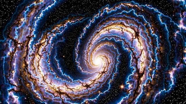 Spiral galaxy with electric patterns, top-down angle, cosmic video concept. Live desktop wallpaper.
