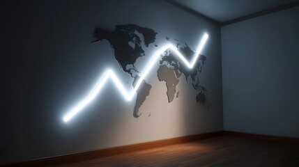 Global economic growth represented by a bright neon graph line on a textured world map