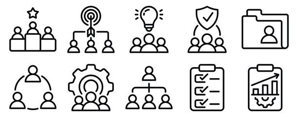 Teamwork management icon set line style representing collaboration leadership coordination and organizational productivity concept.