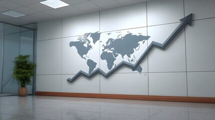 Modern office wall displays a world map overlaid with an upward trending financial growth graph