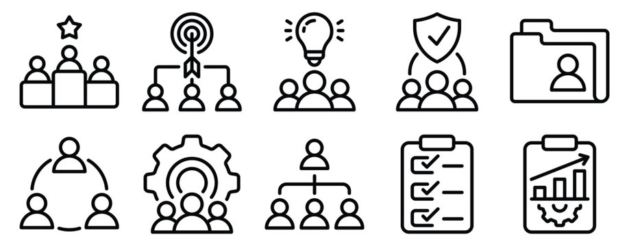 Teamwork management icon set line style representing collaboration leadership coordination and organizational productivity concept.