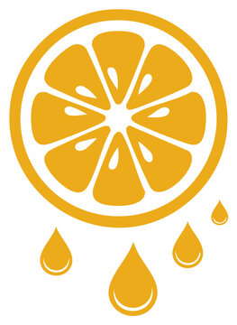 Orange slice illustration with juice drops, fresh citrus fruit graphic design.