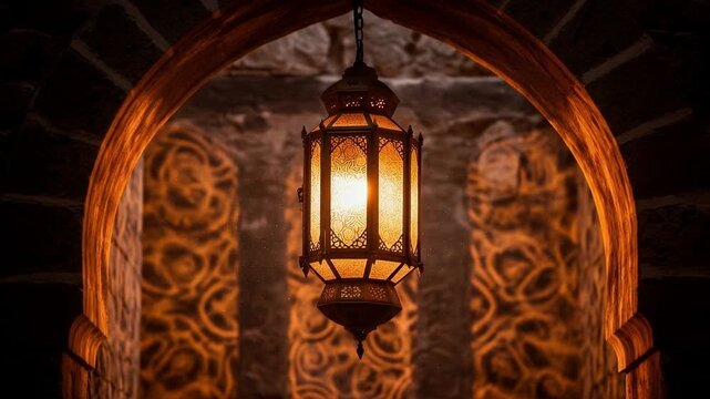 Traditional Arabic Lantern in an archway casting patterns