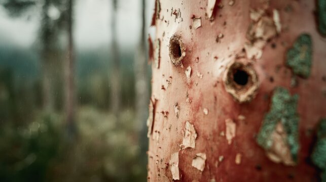 Close Up of Peeling Pink Bark on Arbutus Tree Trunk for Botanical Study Showing Smooth Wood Textures and Organic Patterns in a Misty Forest Environment with Copy Space