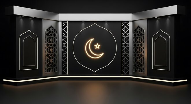 Modern black and gold 3D virtual studio set with glowing crescent moon and star for Islamic broadcast programs