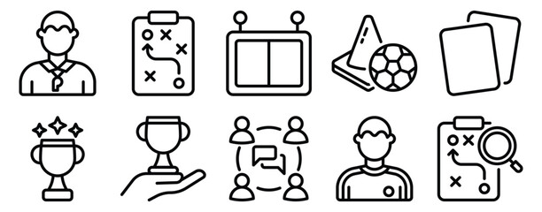 Sports coaching icon set line style representing training guidance leadership and athlete performance development concept.