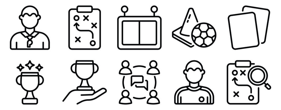 Sports coaching icon set line style representing training guidance leadership and athlete performance development concept.