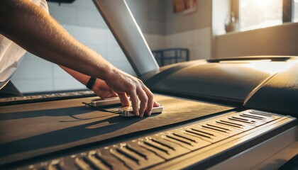Hands adjusting treadmill sensors for heart rate monitoring during a home workout