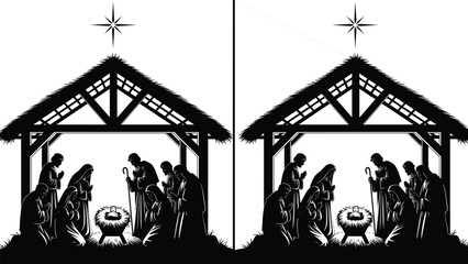 Black, and, white, Christmas, nativity, scene, silhouette, with, baby, Jesus, in, manger, holy, family, star, Bethlehem, religious, holiday, card, illustration, design.