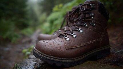 Brown leather hiking boots covered in water droplets rest on a wet natural trail amidst a forest