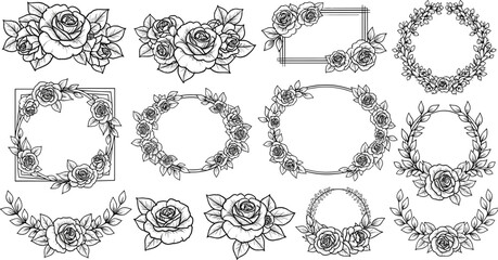 Black, and, white, floral, design, elements, collection, featuring, roses, bouquets, wreaths, frames, garlands, botanical, illustrations, isolated, on, white, background, vector, set.