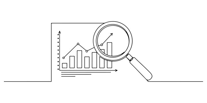 Continuous one line of a magnifying glass over a chart, representing research, insight, and business analytics, drawn vector illustration.