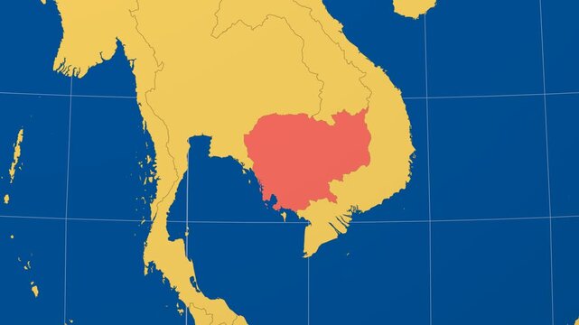 Cambodia on Globe. Animated zoom into the country in Ocean Blue Golden Yellow color palette. Cambodia logo animation. Map with meridians, parallels. Elegant video.