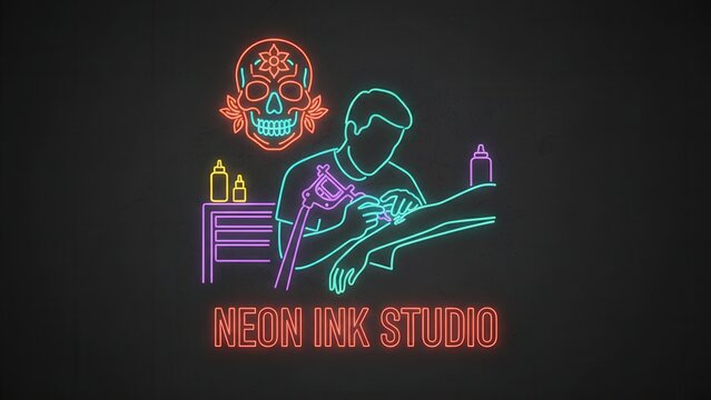 Vibrant neon sign for a modern tattoo parlor showcasing artistic ink application and unique skull