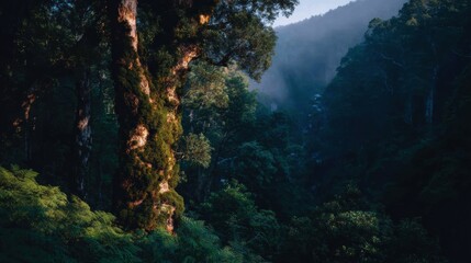 Mossy Tree Trunk Close Up in Ancient Lush Forest with Soft Morning Sunlight and Fog for Botanical Texture Background and Architectural Material Reference