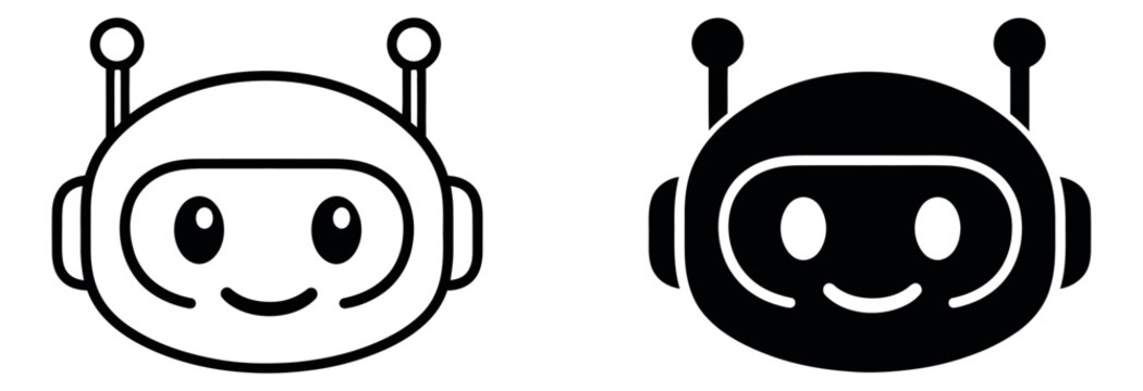 Stylized robot head icon set featuring a smiling chatbot face in line art and solid glyph styles for AI and technology communication