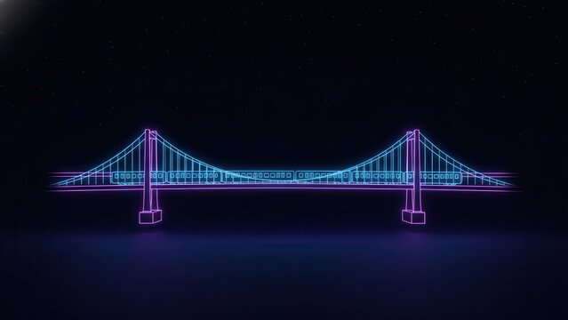 Vibrant neon illuminated suspension bridge with a glowing train across a dark starry night sky