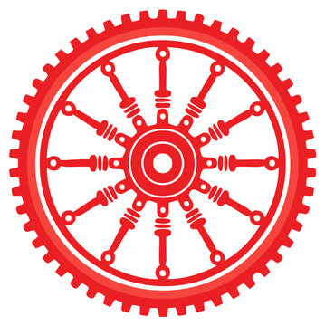 Red Chakra Wheel with Spokes and Cog Teeth Circle Vector Design