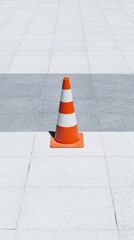 Single orange traffic cone standing on stone tile ground for urban safety management and construction signage with vertical layout and large copy space