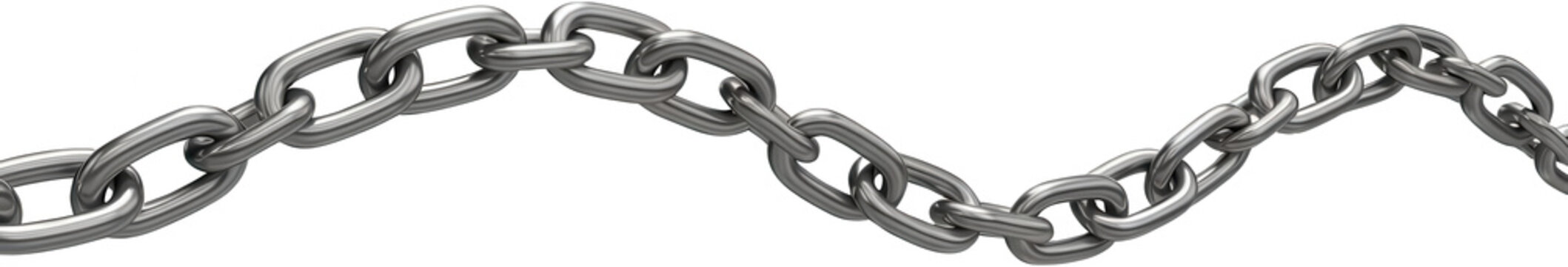 A section of a metal industrial chain with shiny silver links rendered in a realistic 3D style curving in a gentle wave motion across the frame steel strong security connected transparent background