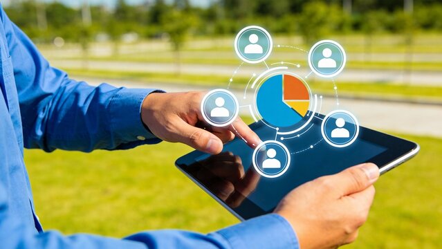 Person using tablet with digital icons - Powered by Adobe