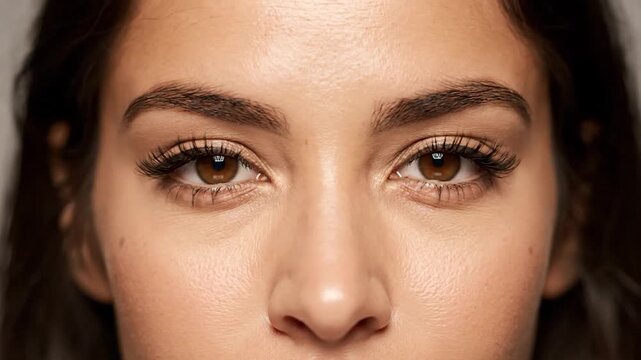 Close-up of expressive brown eyes with long lashes and defined brows