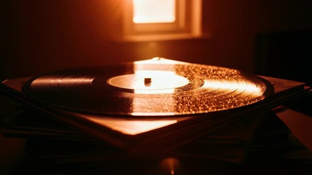 Golden Glow on Vintage Vinyl Records Stacked in a Dark Room