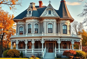 Victorian style house with intricate details and a wraparound porch, victorian,  ornate details