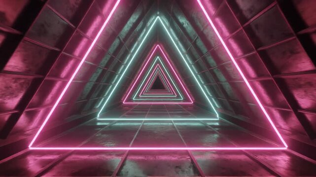 Neon triangle shapes in a futuristic corridor with pink and blue lights.