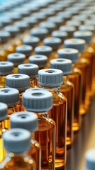 Obraz premium Rows of medical vials with vaccine liquid inside. Medicine for injection, pharmaceutical lab production