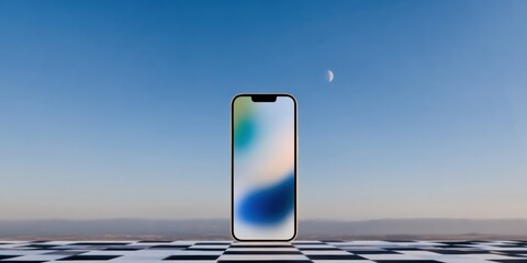 Modern smartphone mockup with vibrant colorful screen, displayed upright on a dynamic checkered grid for tech and advertising presentations