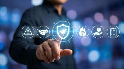 Business professional touching digital security shield icons with cybersecurity, protection, and technology concepts in futuristic blue lighting