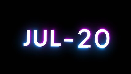 July 20 calendar date number illustration. Neon calendar number on black background.