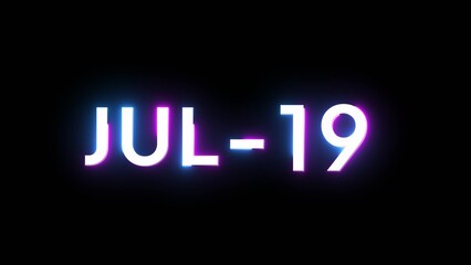 July 19 calendar date number illustration. Neon calendar number on black background.
