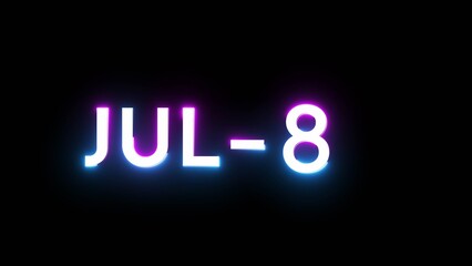 July 8 calendar date number illustration. Neon calendar number on black background.