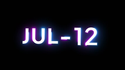 July 12 calendar date number illustration. Neon calendar number on black background.
