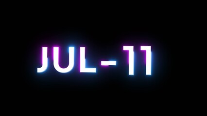 July 11 calendar date number illustration. Neon calendar number on black background.